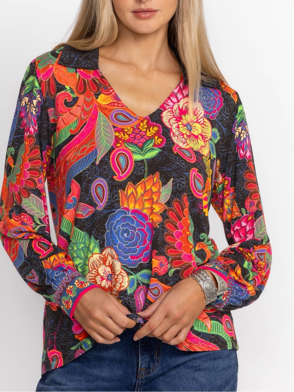 Johnny Was THE JANIE FAVORITE PUFF SLEEVE POLO SZ XXL 2X PLUS SIZE COLORFUL BIRD - Picture 7 of 10